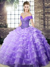 Exceptional Sleeveless Beading and Ruffled Layers Lace Up Ball Gown Prom Dress with Lavender Brush Train