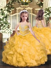 Elegant Sleeveless Organza Floor Length Lace Up Little Girl Pageant Gowns in Gold with Beading and Ruffles