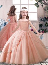 Floor Length Ball Gowns Sleeveless Peach Kids Pageant Dress Lace Up