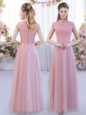 High-neck Cap Sleeves Tulle Bridesmaids Dress Lace Zipper