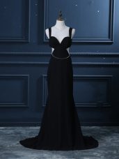 Classical Brush Train Mermaid Formal Dresses Black Straps Chiffon Sleeveless Backless