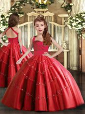Beading Little Girl Pageant Gowns Red Lace Up Sleeveless Floor Length