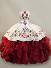 Elegant Red Halter Top Neckline Embroidery and Ruffles Quinceanera Gown Sleeveless Lace Up