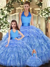 Baby Blue Halter Top Neckline Ruffles and Pick Ups Quinceanera Gown Sleeveless Lace Up