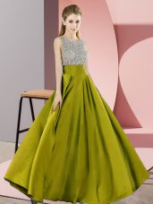 Fantastic Olive Green Sleeveless Elastic Woven Satin Backless Party Dress for Prom and Party