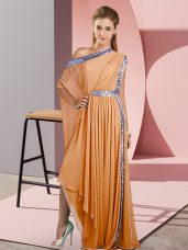 Flare Chiffon One Shoulder Sleeveless Side Zipper Sequins Evening Dress in Orange