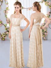 V-neck Short Sleeves Side Zipper Bridesmaids Dress Champagne Lace