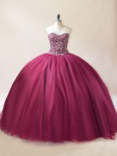 Hot Selling Burgundy Tulle Lace Up Quince Ball Gowns Sleeveless Floor Length Beading