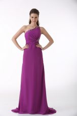 Colorful One Shoulder Sleeveless Prom Gown Brush Train Beading and Ruching Fuchsia Chiffon