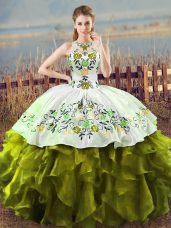 Ball Gowns Sweet 16 Dress Olive Green Halter Top Organza Sleeveless Floor Length Lace Up