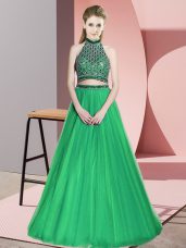 Excellent Green Prom Evening Gown Prom and Party with Beading Halter Top Sleeveless Lace Up