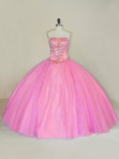 Pink Strapless Lace Up Beading Quinceanera Dress Sleeveless