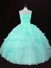 Apple Green Sweetheart Neckline Ruffles and Hand Made Flower Vestidos de Quinceanera Sleeveless Lace Up