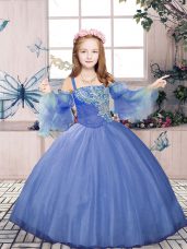 Straps Sleeveless Kids Formal Wear Floor Length Beading Purple Tulle