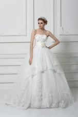 Fine Brush Train Ball Gowns Wedding Dresses White Strapless Tulle Sleeveless Lace Up