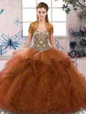 Brown Ball Gowns Off The Shoulder Sleeveless Tulle Floor Length Lace Up Beading and Ruffles Vestidos de Quinceanera