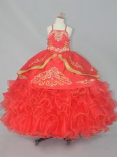 Fashion Floor Length Red Kids Pageant Dress Straps Sleeveless Lace Up