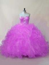 Traditional Sleeveless Organza Floor Length Lace Up Quinceanera Dresses in Lilac with Beading and Ruffles