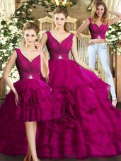 Chic Fuchsia Sleeveless Beading and Ruffles Floor Length Quinceanera Dress