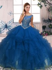 Exquisite Blue Scoop Neckline Beading and Ruffles Quinceanera Dress Sleeveless Zipper