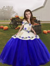High Class Sleeveless Floor Length Embroidery Lace Up Kids Pageant Dress with Royal Blue