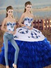 Great Royal Blue Organza Lace Up Sweetheart Sleeveless Floor Length Sweet 16 Dress Embroidery and Ruffled Layers and Bowknot