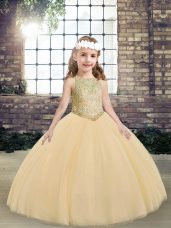 Peach Ball Gowns Scoop Sleeveless Tulle Floor Length Lace Up Beading Little Girls Pageant Gowns