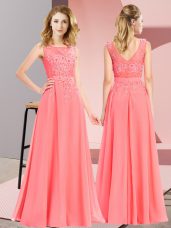 Watermelon Red Sleeveless Beading and Appliques Floor Length Vestidos de Damas