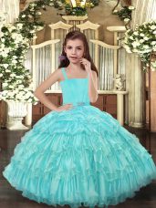 Floor Length Aqua Blue Little Girl Pageant Gowns Straps Sleeveless Lace Up