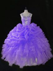 Lavender Ball Gowns Beading and Ruffles and Pick Ups Quinceanera Dresses Zipper Organza Sleeveless Floor Length