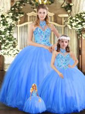 Floor Length Blue 15th Birthday Dress Tulle Sleeveless Embroidery