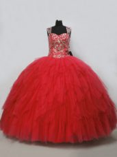 Red Ball Gowns Tulle Straps Sleeveless Beading and Ruffles Floor Length Lace Up Quinceanera Dresses