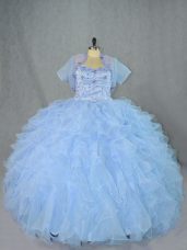 Blue Sleeveless Floor Length Beading and Ruffles Lace Up 15 Quinceanera Dress