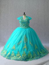 Aqua Blue Sweetheart Neckline Appliques Quinceanera Gowns Sleeveless Lace Up