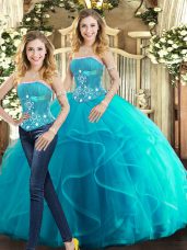 Aqua Blue Tulle Lace Up Ball Gown Prom Dress Sleeveless Floor Length Beading and Ruffles