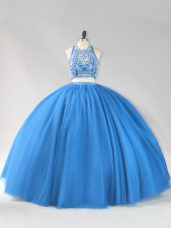 Strapless Sleeveless Backless Quinceanera Dresses Blue Tulle