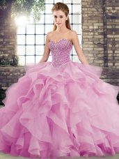 Cute Tulle Sweetheart Sleeveless Brush Train Lace Up Beading and Ruffles Quinceanera Dresses in Lilac