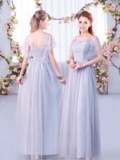 Scoop Short Sleeves Side Zipper Bridesmaid Gown Grey Tulle