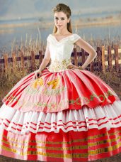 High Quality White And Red Satin Lace Up V-neck Sleeveless Floor Length Sweet 16 Quinceanera Dress Embroidery and Ruffled Layers