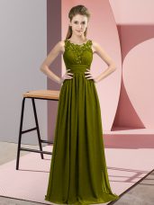 Hot Selling Olive Green Empire Scoop Sleeveless Chiffon Floor Length Zipper Beading and Appliques Quinceanera Court of Honor Dress