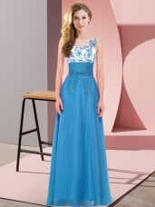 Fashion Blue Empire Chiffon Scoop Sleeveless Appliques Floor Length Backless Quinceanera Court Dresses