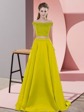 Customized Elastic Woven Satin Off The Shoulder Sleeveless Sweep Train Backless Beading Evening Dress in Olive Green