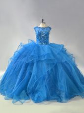 Organza Scoop Sleeveless Brush Train Lace Up Beading and Ruffles Sweet 16 Dress in Blue
