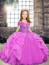Inexpensive Sleeveless Floor Length Beading and Ruffles Lace Up Little Girl Pageant Dress with Lilac
