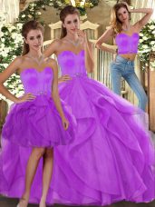 Beading and Ruffles Quinceanera Dresses Lilac Lace Up Sleeveless Floor Length