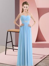 Customized Blue Sleeveless Floor Length Beading Zipper Dress for Prom
