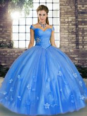 New Arrival Baby Blue Sleeveless Beading and Appliques Floor Length 15th Birthday Dress