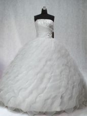 Strapless Sleeveless Organza Quinceanera Dress Beading and Ruching Brush Train Lace Up