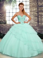 Fitting Beading and Ruffled Layers Sweet 16 Dresses Apple Green Lace Up Sleeveless Brush Train