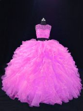 Pink Scoop Neckline Beading and Ruffles Quinceanera Gown Sleeveless Zipper